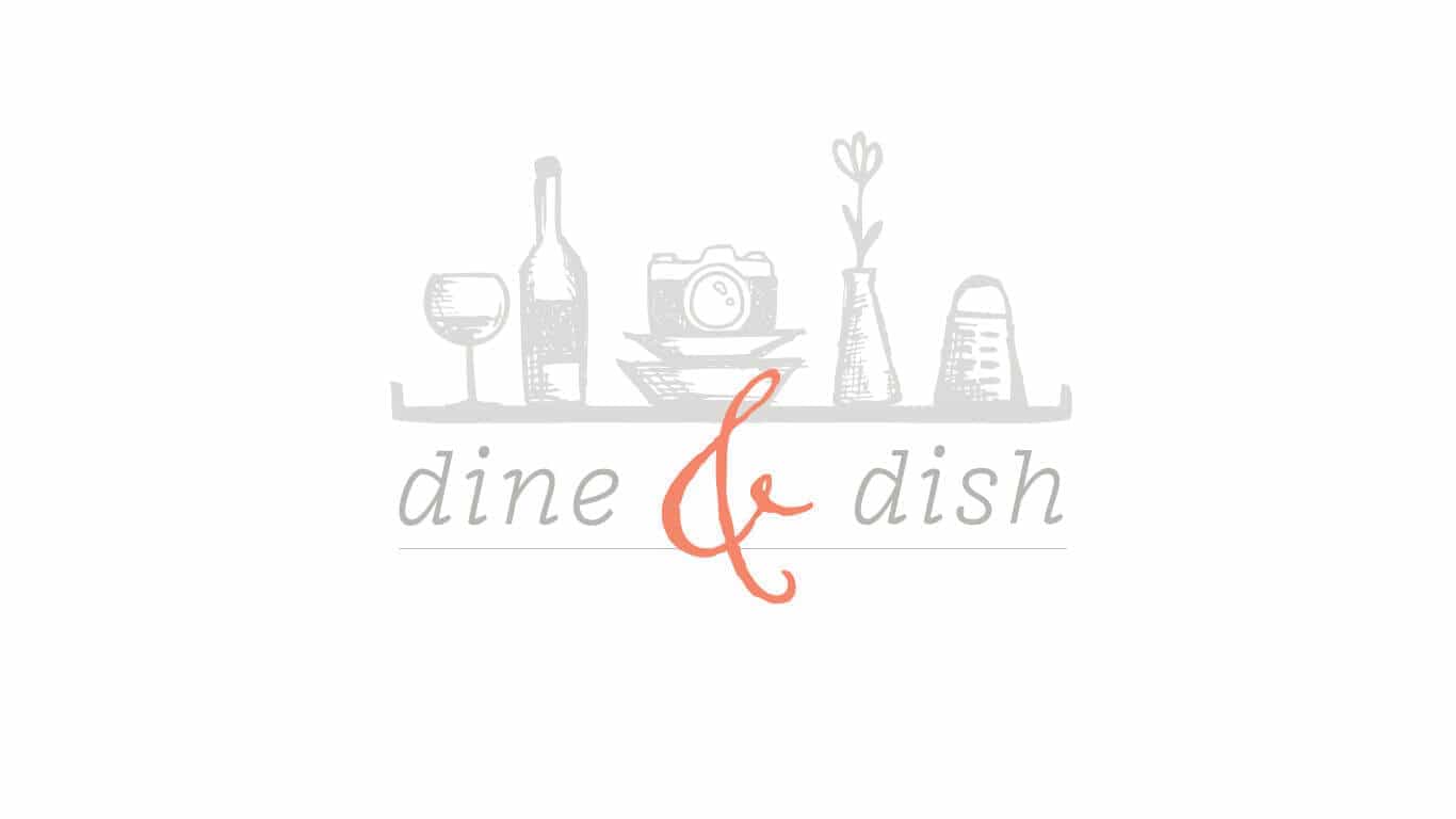 Dine&Dish logo, which has wine glasses, a grater, a camera and a flower. 