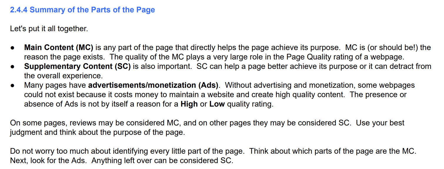 Different parts of a page include main content, supplementary content and ads