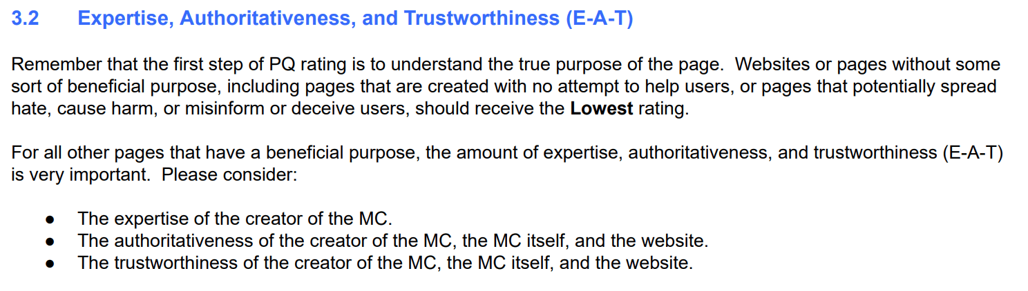 Expertise, Authority, Trustworthiness score from Quality Search Rater Guidelines