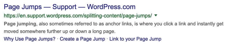 Example of extra links in search engines