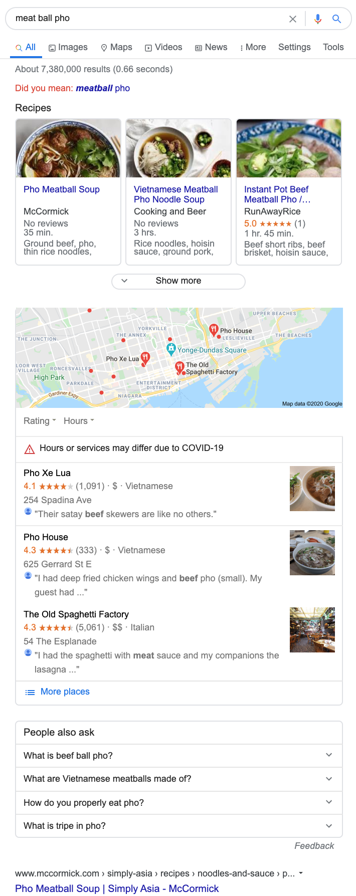 Google search results for "meat ball pho" from Toronto