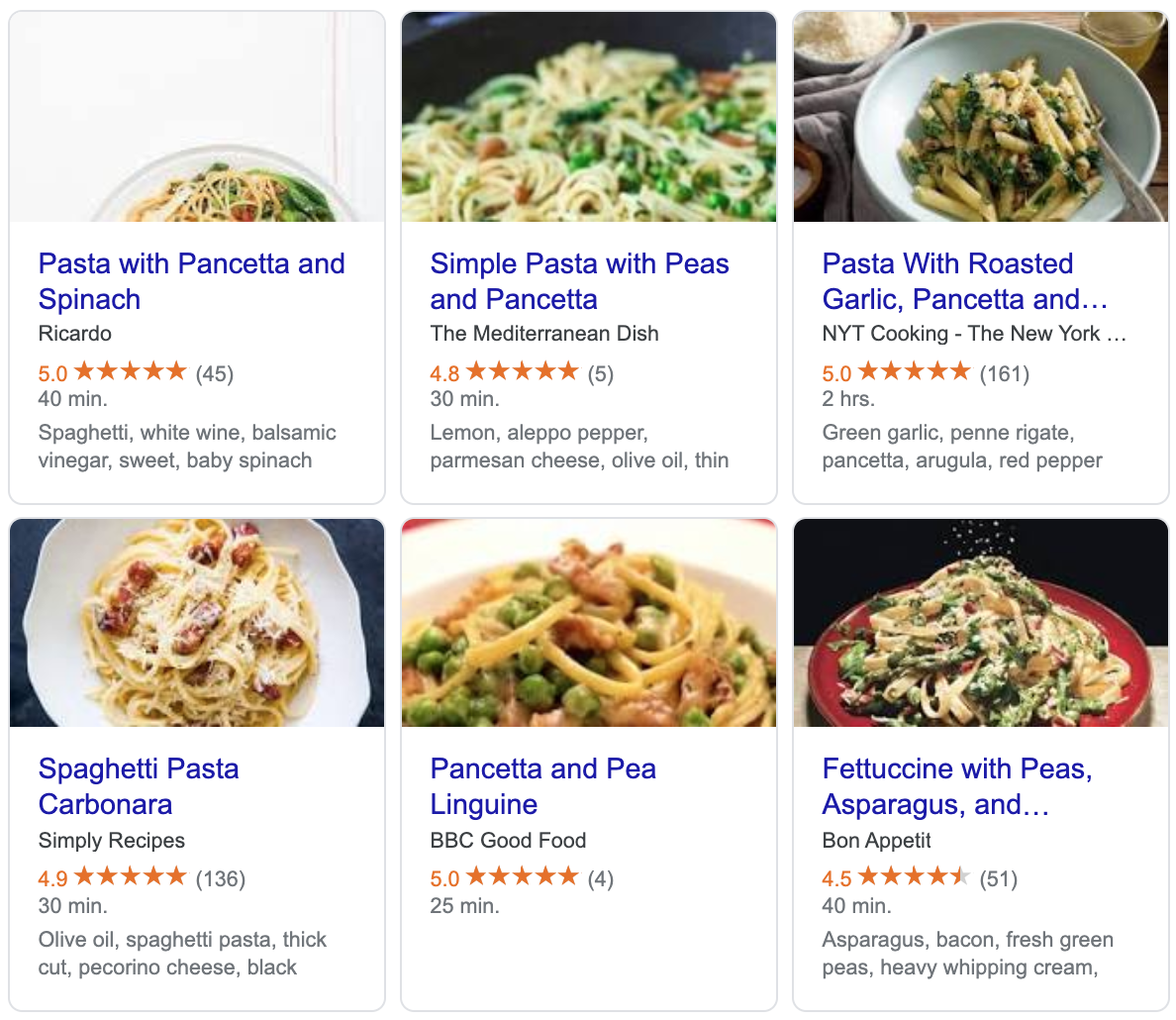 Google recipe carousel search result for pancetta pasta