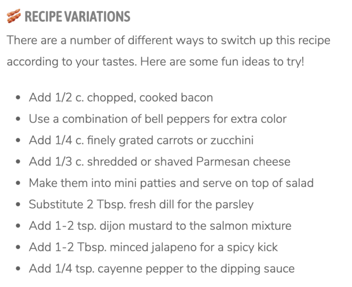 recipe variations example: add bacon, bell peppers, grated carrots, parmesan cheese, dill vs. parsely