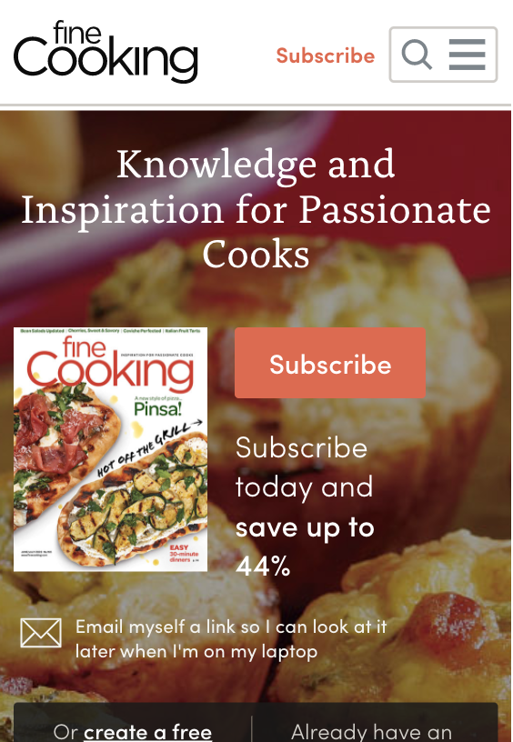 subscribe button as seen on finecooking website