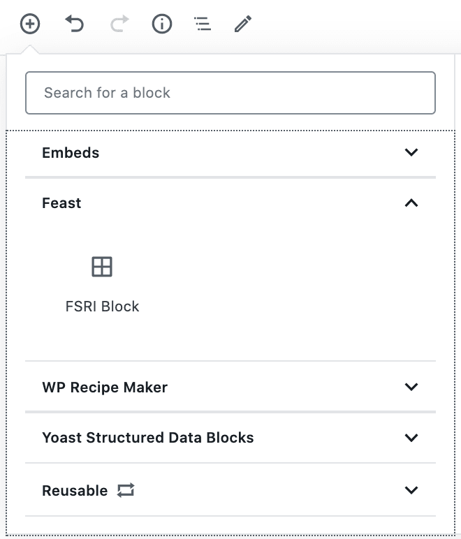 block editor user interface accessed using the plus icon in the top right, showing the FSRI Block option