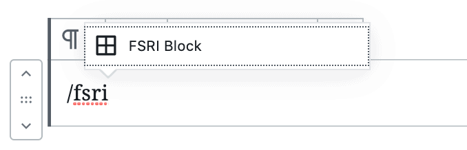 block editor inserting the FSRI block by typing /fsri