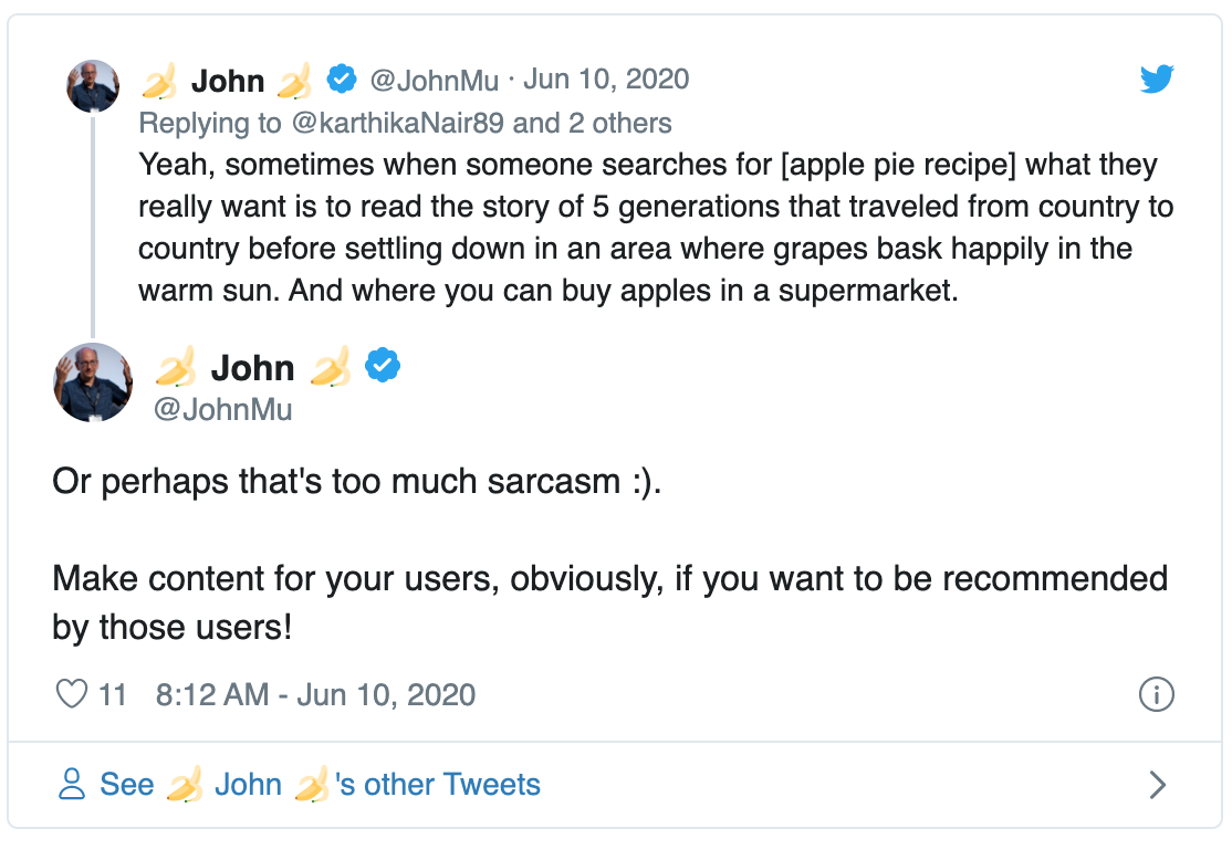 Make content for your users, obviously, if you want to be recommended by those users! - John Mueller