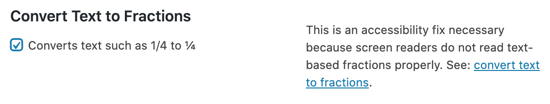 checkbox in the feast plugin to convert text-based fractions to their fraction character