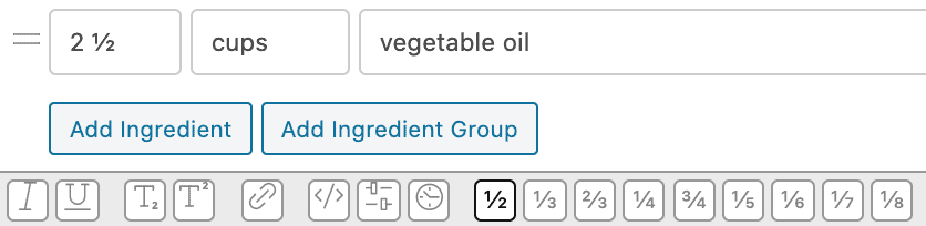 WP recipe maker interface showing fractions