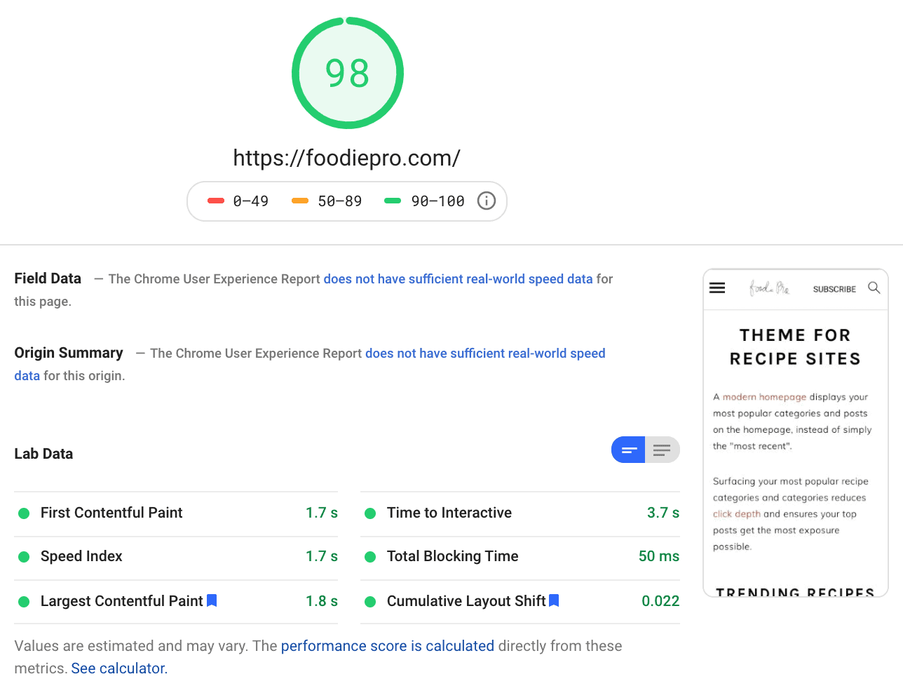 pagespeed insights report showing 98/100
