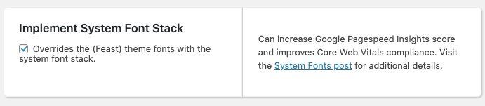 implement system font stack setting in the Feast Plugin, with a checkbox