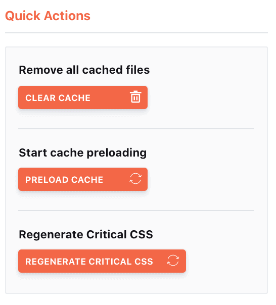 screenshot of wp rocket settings to clear cache, preload cache and regenerate critical CSS