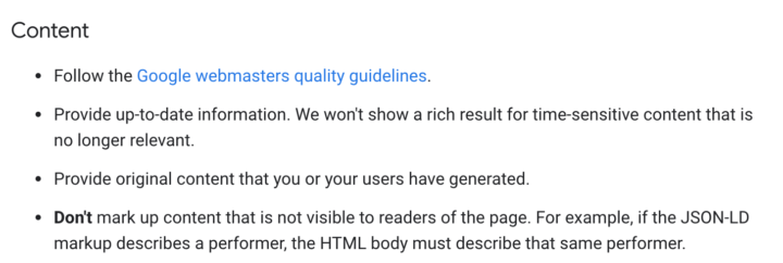 Google structured data screenshot: don't mark up content not visible to readers of the page