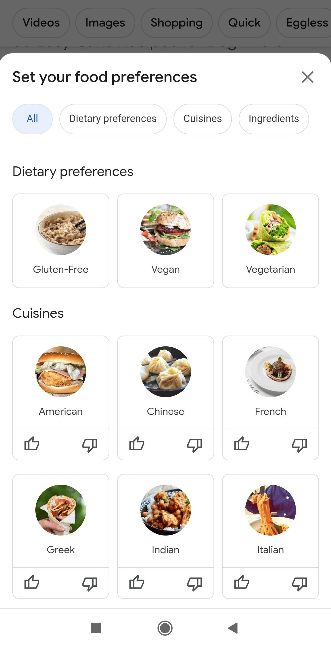 google user preferences for cuisine